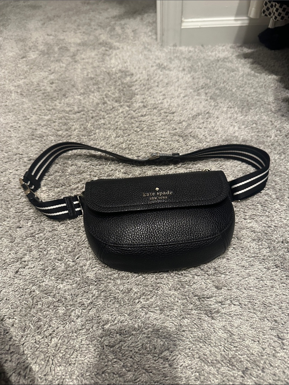 kate spade black pebbled leather mini belt bag with striped strap